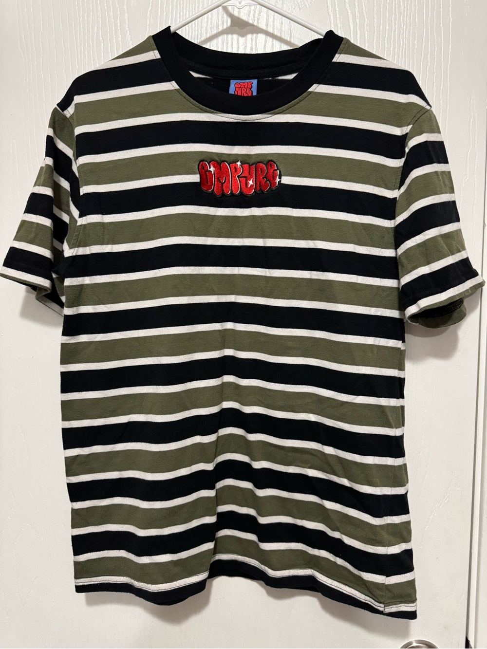 Empyre Olive, Black & White Striped Crewneck Tee with Red Script Logo